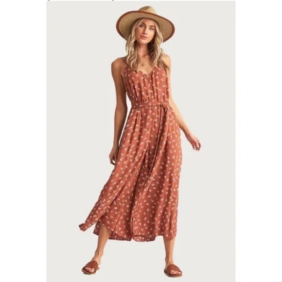 Billabong Shake It Again Floral Print Wide Leg Jumpsuit Burnt Orange - Picture 1 of 11